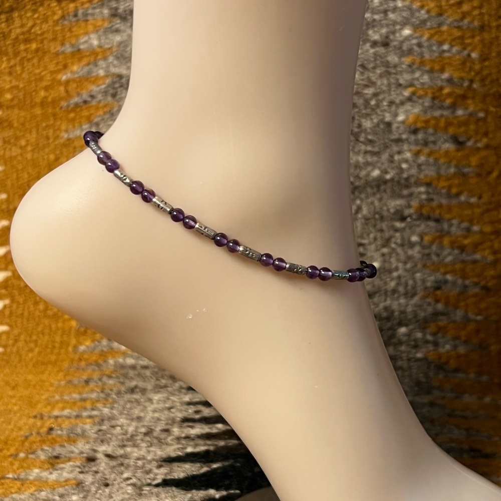 10 1/4 inch amethyst & sterling bead anklet